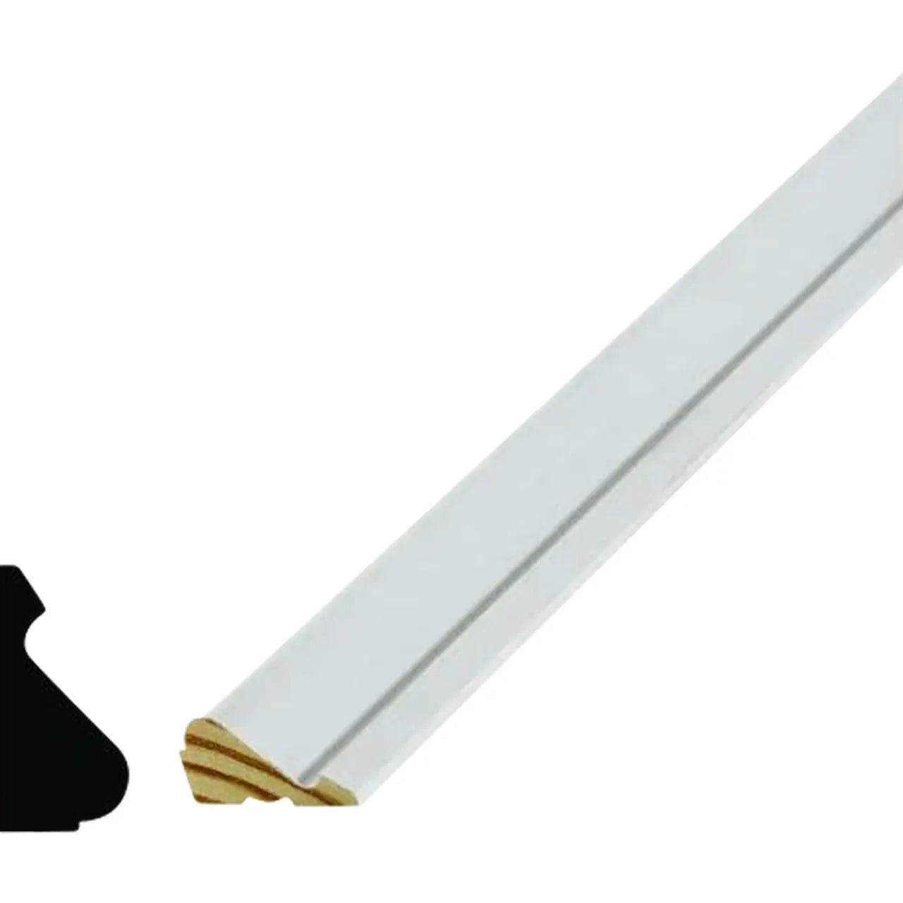 The Go Build 1 in. x 5 in. x 8 ft. Trim Board Primed Finger-Jointed Pine features a triangular, angled profile and is factory-coated with exterior white latex primer, with a black diagram showing its cross-section.